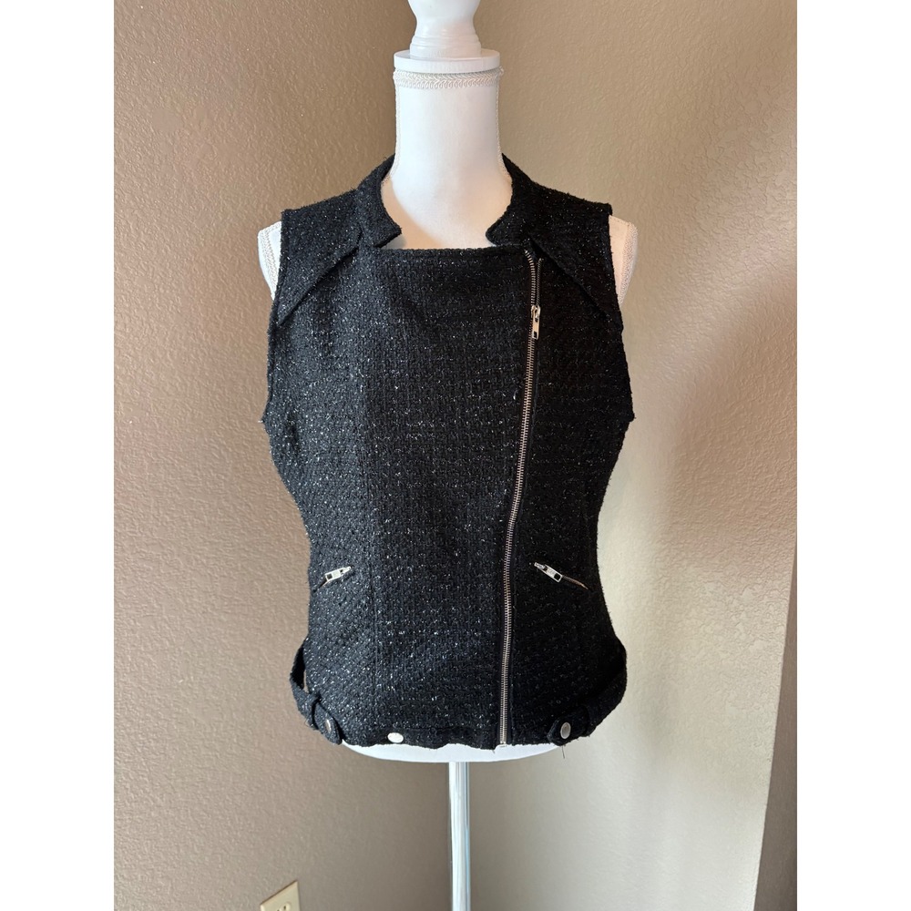 Spirited Randolph Duke Womens Black Tweed Moto Vest Metallic Asymmetrical Zip M